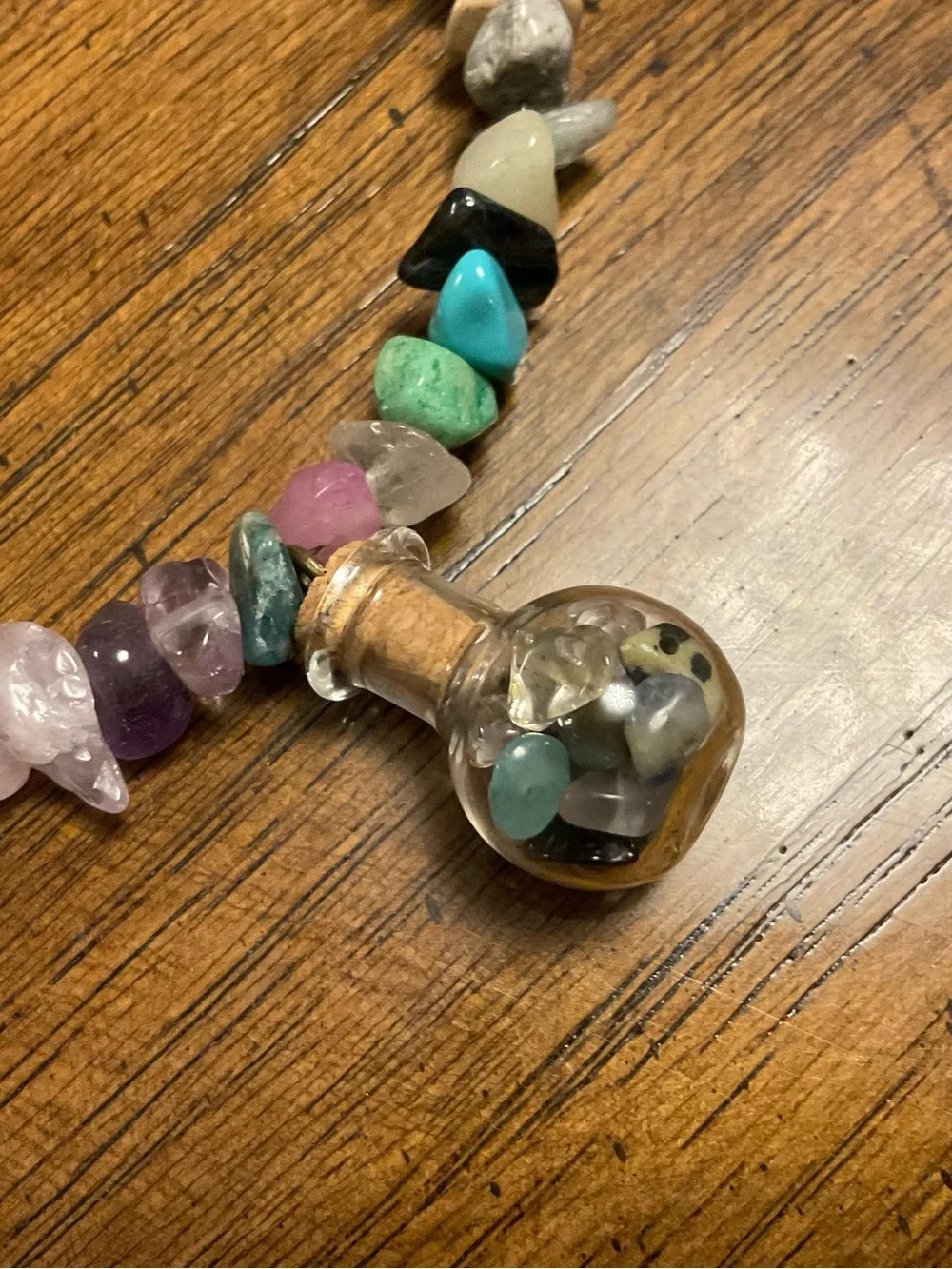 Multi-Color Chip Gemstone Necklace and Bracelet Set with Glass Vial Pendant